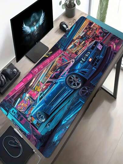 1 件超大号赛博朋克霓虹蓝赛车场景图案防滑可水洗橡胶底桌垫，办公桌配件，电脑装饰鼠标垫，游戏鼠标垫