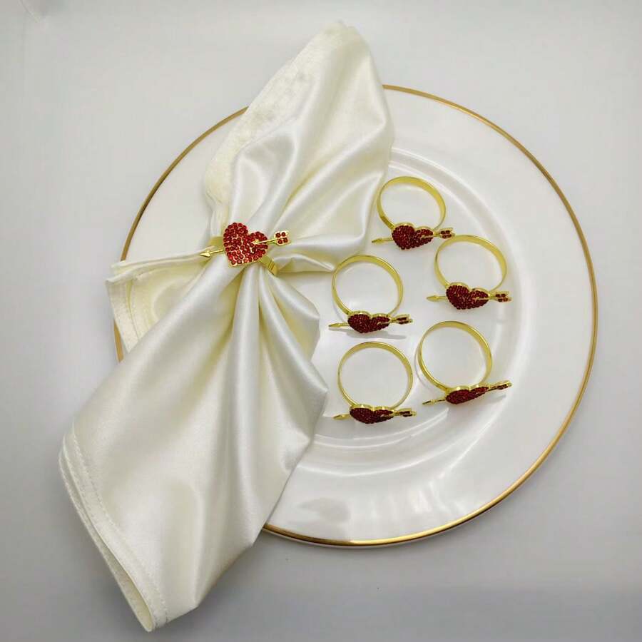 6pcs Valentine's Day Red Diamond Heart Napkin Rings, Wholesale Wedding Banquet Table Decor Napkin Holders - Gold - View 1
