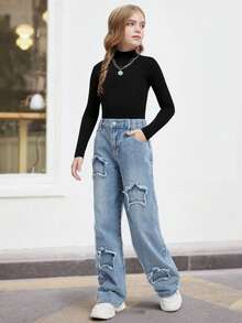 Quần jeans ống rộng dáng suông, quần denim ống đứng đa năng, phong cách đường phố. - Rửa nhẹ - Xem 4