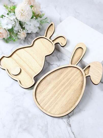 1pc Wooden Tray With Rabbit And Egg Pattern, Ideal For Holding Easter Decorations, Salad, Cake, Cookies And Dried Fruits, Perfect For Easter, Themed Parties And Birthday Parties