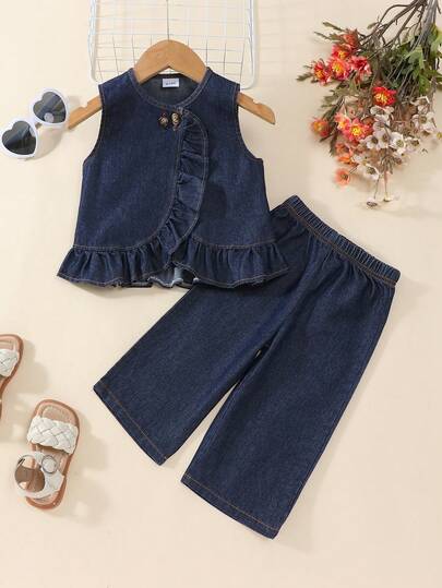 Baby Girls' Solid Color Sleeveless Ruffled Denim Top And Soft Washed Denim Pants 2-Piece Outfit