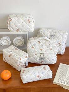 1pc Beige Floral Bow Bear Rabbit Quilted Makeup Bag, Large Capacity Portable Zipper Makeup Pouch, Suitable For Travel & Vacation, Can Store Sanitary Pads, Keys, Phones, Chargers, Lipsticks, Cosmetics, Perfumes, Makeup Brushes, Ideal Storage For Skincare & Beauty Products, Suitable For Women, Students, Girls, Also A Perfect Gift For Holidays & New Year - Beige - View 2