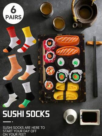 1/3/6 pares de calcetines creativos con estampado de sushi y salmón - Calcetines unisex hasta la pantorrilla o por encima de la rodilla, hechos de poliéster, estilo lindo y divertido, adecuados para el Día de San Valentín, Navidad, fiestas casuales y uso diario, calcetines de regalo novedosos para todas las estaciones