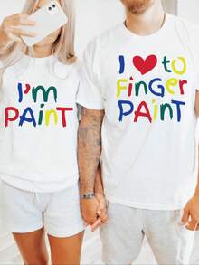 1PC Funny Couples Matching Shirts, I Love To Finger Paint I'm Paint, Funny Husband Wife Shirts, Valentine Matching Couple Tshirt - 女-白色 - 查看 1