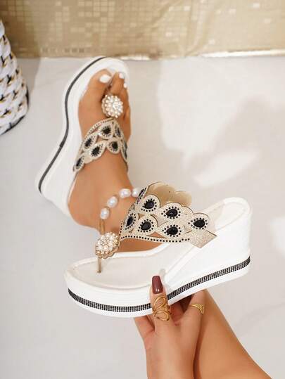 Women's Fashion Waterproof Platform Wedge Sandals, Pearl & Rhinestone Decor, Slip-On Floral Thong Sandals, Casual Style For Spring/Summer Outdoor & Commute