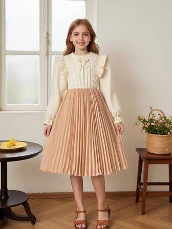 女童长袖领口荷叶边拼接连衣裙，优雅适合万圣节和圣诞节