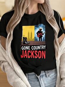 Women And Men T-Shirts With Round Neck And Short SleevesGone Country Jackson Music Artist T-Shirt With Guitar And Cityscape Design For Country Music FansFun Prints Are Suitable For Christmas Partysports Activitiesholiday Partiesoutingssports And Other Holiday Gifts (220g). - Black - View 1