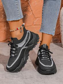 1 par de zapatillas de mujer, zapatillas deportivas casuales cómodas con suela blanda y transpirable, diseño de puño elástico, patrón exquisito, antideslizante y transpirable - Negro - Ver 5
