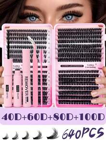 640PCS D Curl Individual Lash Clusters High Capacity 30D+40D+60D+80D/40D+60D+80D+100D 8-16mm DIY Lash Clusters Extra Thick&Natural Look&Wispy&Long-Lasting&Waterproof Reusable Individual Segmented False Eyelashes Eyelash Extension Kit With Makeup Tools - Black - View 1