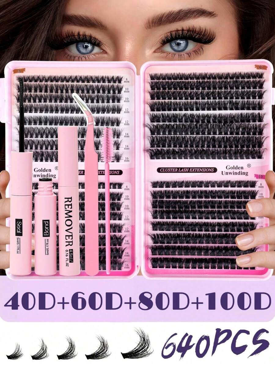 640PCS D Curl Individual Lash Clusters High Capacity 30D+40D+60D+80D/40D+60D+80D+100D 8-16mm DIY Lash Clusters Extra Thick&Natural Look&Wispy&Long-Lasting&Waterproof Reusable Individual Segmented False Eyelashes Eyelash Extension Kit With Makeup Tools - Black - View 1