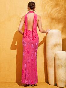 LOVE&LEMONADE 时尚粉色女士提花天鹅绒露背深V领连衣裙 - 粉色 - 查看 7