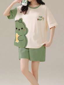AICJ 2pcs/Set Casual And Simple Women's Homewear, Round Neck Short Sleeve T-Shirt And Shorts Pajama Set, Cartoon Cute Monster Print, Ideal For Mother's Day, Valentine's Day, And New Year Gifts,Two Pieces Set - Multicolor - View 5