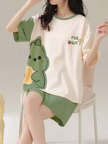 AICJ 2pcs/Set Casual And Simple Women's Homewear, Round Neck Short Sleeve T-Shirt And Shorts Pajama Set, Cartoon Cute Monster Print, Ideal For Mother's Day, Valentine's Day, And New Year Gifts,Two Pieces Set - Multicolor - View 3