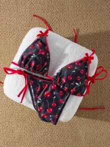 Bộ bikini gợi cảm buộc dây cổ, trang trí nơ, in hình quả anh đào, dành cho nữ, thích hợp mặc đi biển mùa hè. - Nhiều màu - Xem 1