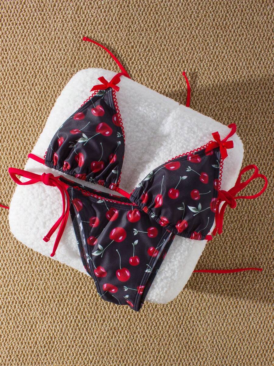 Bộ bikini gợi cảm buộc dây cổ, trang trí nơ, in hình quả anh đào, dành cho nữ, thích hợp mặc đi biển mùa hè. - Nhiều màu - Xem 1