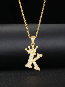1pc Fashion Classic Copper Set Zirconia Crown Letter Pendant Necklace Party Party Decoration Accessories Street Jewelry Accessories - Gold - View 3