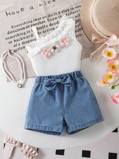 2pcs/Set Newborn Baby Girls' Casual Dopamine Sweet Style Outfit, Floral Ruffle Strap Camisole Top Paired With Denim Distressed Shorts, Suitable For Outdoor, Vacation, Social Gathering, Spring/Summer