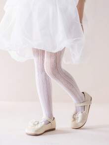1pc Girls/Kids/Children Hollow Breathable Mesh Stockings, Adorable Heart/Polka Dot/Striped Design Decor, Personalized Casual Comfortable Durable Pantyhose, Fashionable Delicate Soft Thin White Socks, Suitable For Weddings, Vacations, Dance Performances, Birthday Gifts - White - View 3
