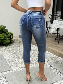 Women's Skinny Button-Front Jeans With Pockets - Casual Solid Color Denim For Everyday Wear - Rửa tối - Xem 2