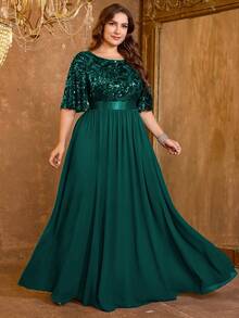 XUIBOL 高品质弹力优雅雪纺亮片拼接超修身大码V领晚礼服，适合约会、婚礼、派对、生日、周年纪念、鸡尾酒会、正式晚宴、婚礼宾客、单身派对、度假、夏秋季等场合。 - 墨綠色 - 查看 5