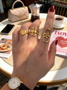3pcs Minimalist Versatile 18K Gold Plated Stainless Steel Geometric Heart Flower Oval Ring Set, Elegant Fashion Suitable For Women Daily, Festival, Party, Holiday, Date, Gift, Valentine's Day, Luxury Ring Set - Multicolor - View 2