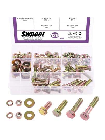120 piezas de 5/16"-18" x 3/4" a 1-1/2" 5 tamaños grado 8 USS kit surtido de pernos de tuerca de grado 8 USS, tuerca de perno resistente y arandela surtido de tornillos de cabeza hexagonal de rosca gruesa tornillos planos y arandela de bloqueo,38072446