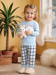 Sweet & Cute 2-Piece Baby Pajama Set, Blue Long Sleeve Round Neck Top With Cloud, Moon & Star Print + Plaid Pants - Blue - View 4