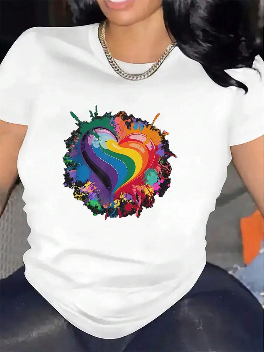 Black Short Sleeve T-Shirt Rainbow Heart Print With Pride Symbol Lightweight Stretch Rainbow Colors PinkYellowGreenBluePurpleOrange Casual Outfit Crew Neck Machine Washable - 白色 - 查看 1