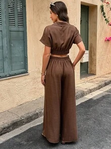 2pcs Women's Linen Blend Crossed V-Neck Wide Leg Suit Summer - Brown - View 5
