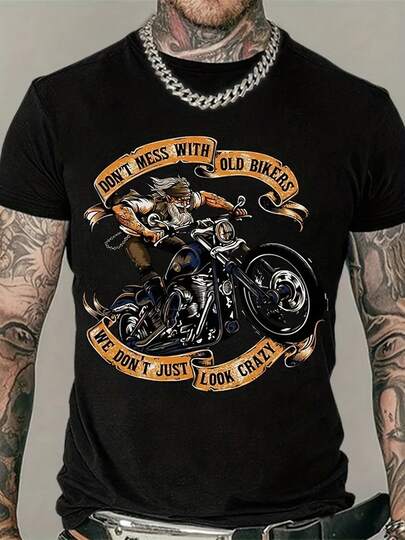Top pickLocalMen'S Plus Size Motorcycle Graphic T-shirt "don't Mess With Old Bikers" Design, Black Cotton Crew Neck Tee For Big & Tall, Casual Summer Wear, Trendy Chopper Motorcycle Artwork, Perfect