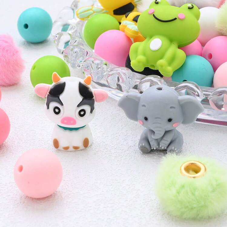 18颗动物硅胶珠套装，彩色动物造型毛绒大孔珠，适合DIY、手链、项链和各种手工项目，情人节礼物珠宝制作珠子 - 彩色 - 查看 2