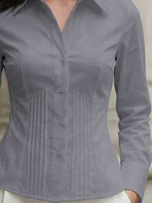 1pc Women's Solid Color Button-Up Elegant Commuter Casual Slim Fit Long Sleeve Shirt, Office, Home, Daily, Date Wear, All Season Spring - Grey - View 4