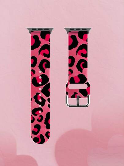 1 pieza Correa de reloj de silicona suave, elástica y transpirable con estampado de leopardo negro sobre base fucsia, compatible con relojes de 38mm, 40mm, 41mm, 45mm, 44mm, 42mm, 49mm, accesorio de correa de reloj de colores de moda casual compatible con Apple Watch Ultra Series, S10/SE/9/8/7/6/5/4/3/2/1