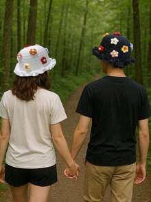 1pc Solid Color Hand-Knitted Crochet Cap, Bohemian Style Pleated Floppy Hat With Ruched Brim, Casual Cute Retro Street Fashion Polyester Knit Bucket Hat - Multicolor - View 7