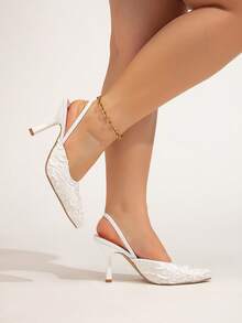 Wide Fit Women Plus Size Pointed Toe Low Vamp High Heel Pumps, Elegant White High Heels, Fashion Thin Heels, Spring/Autumn - White - View 2