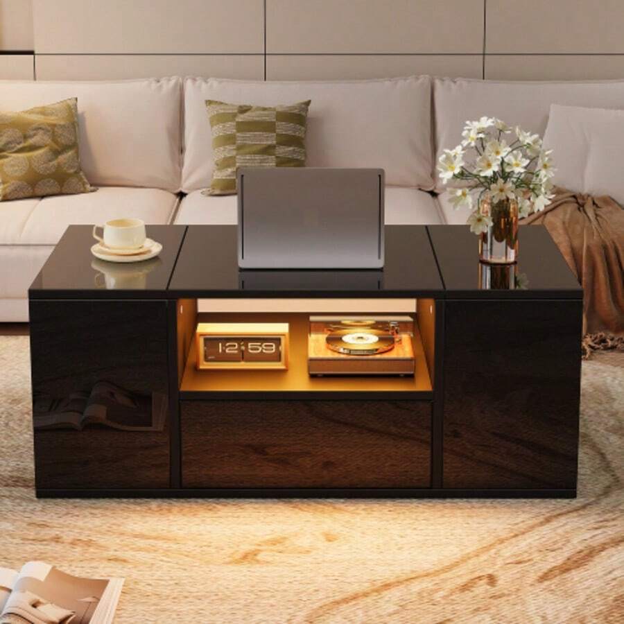 Coffee Table (100 X 50 X 40 Cm), Side Table With One Drawer, Sofa Table With Two Cabinets, High-Gloss Living Room Table With LED Light Strips, Coffee Table With 6 Storage Compartments, Black - Black - View 1