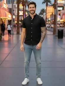 Men's Short-Sleeved Shirt With Mandarin Collar, Dressy And Basic, Premium Lightweight Soft Fabric, Ideal For Parties And Work - On - 黑色 - 查看 4