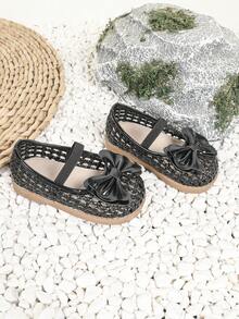 1 Pair Girls' Casual Bow Hollow-Out Flat Princess Shoes, Suitable For Spring/Summer - Black - View 3