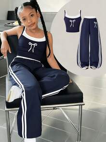 女童时尚休闲新款两件套，蝴蝶结印花，吊带上衣搭配侧条纹裤，适合夏季户外活动、日常聚会、旅行等。 - 寶藍色 - 查看 4