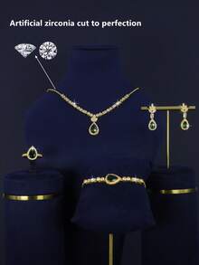 5pcs 18K Gold Plated Luxury Royal Style Water Drop Tassel Design Bridal Wedding Jewelry Set, Handset White Cubic Zirconia, Including Necklace, Bracelet, Earrings, Ring, Suitable For Daily Wear And Wedding, Wedding Anniversary Gift - Teardrop Green Diamond Bridal Set - View 3