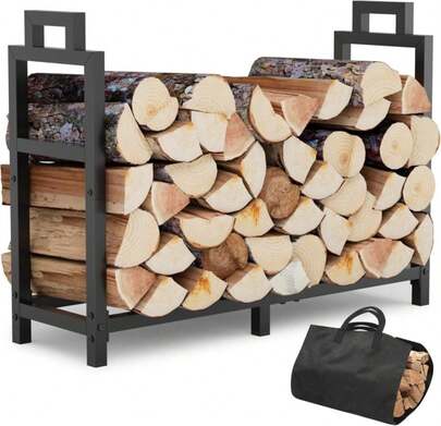 Estante para leña de 34 pulgadas para interiores y exteriores con asa y bolsa portadora de troncos, estante de madera y metal estable y resistente para chimenea, patio y terraza, organizador de almacenamiento de leña a prueba de óxido, negro, cuadrado