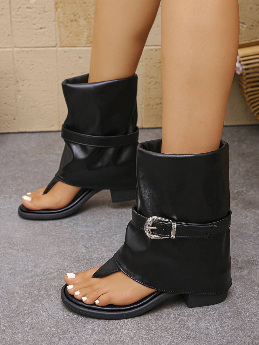 复古港式夏季新款时尚休闲舒适搭扣夹趾折叠中筒凉鞋，时尚街头风修身黑色凉鞋 - 黑色 - 查看 1