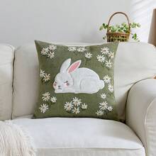1pc Easter Green Rabbit Embroidered Throw Pillow Cover, Spring Floral Cushion Cover, Suitable For Indoor Decor, Spring/Summer Pillow Sham, Pillow Insert Not Included - Green - View 11