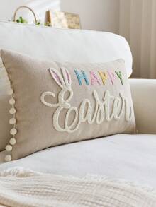 1pc Khaki Easter Bunny Embroidered Throw Pillow Cover, Happy Easter Pillowcase, Suitable For Indoor Decor, Spring/Summer Cushion Cover, Pillow Insert Not Included - Khaki - View 6