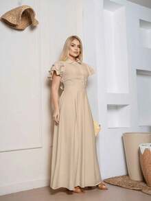 Women's Dress With Logo, Ruffled Sleeves, Modest Style. - 米色 - 查看 1