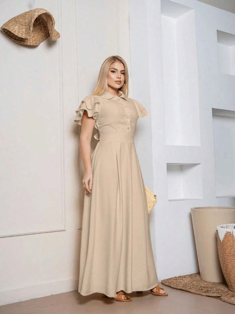 Women's Dress With Logo, Ruffled Sleeves, Modest Style. - 米色 - 查看 1