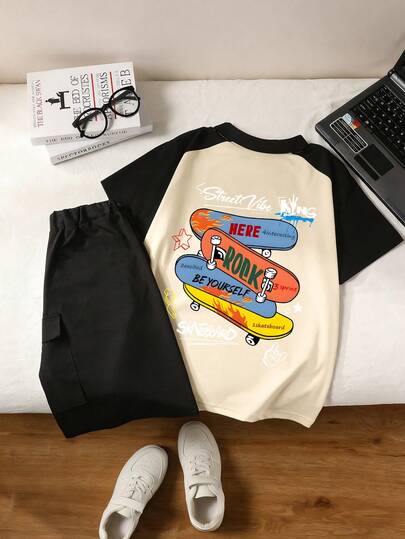 Set de 2 piezas: Sudadera con capucha con estampado de letras + Pantalones cargo para niños, Nuevo conjunto de verano para niños, Adecuado para usar en verano