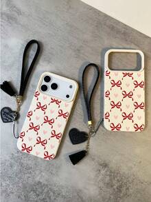 1个时尚简约粉色爱心蝴蝶结设计防水防摔防滑高品质纹理软手机壳 + 时尚心形仿皮挂绳，兼容苹果手机，是送给朋友、家人、情侣、生日、节日的绝佳礼物。 - 彩色 - 查看 4