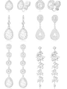 6件套优雅奢华镀银金属镶嵌AAA+级立方氧化锆水滴/簇状/叶形夹式耳环套装，是婚礼、派对和庆典的理想之选。 - 款式C - 查看 7