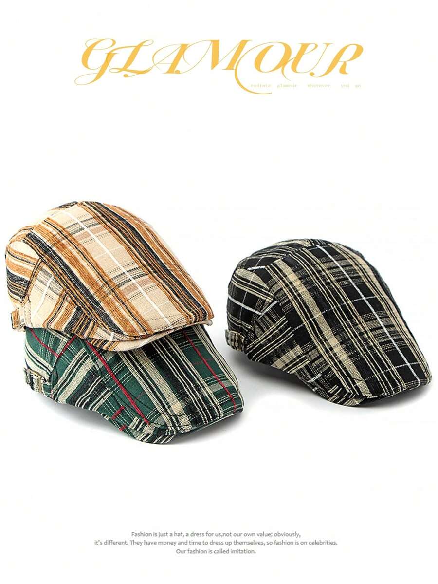 Unisex Plaid Beret Hat, Retro British Style Painter Cap, Warm Fleece Newsboy Cap, Autumn - A - View 1